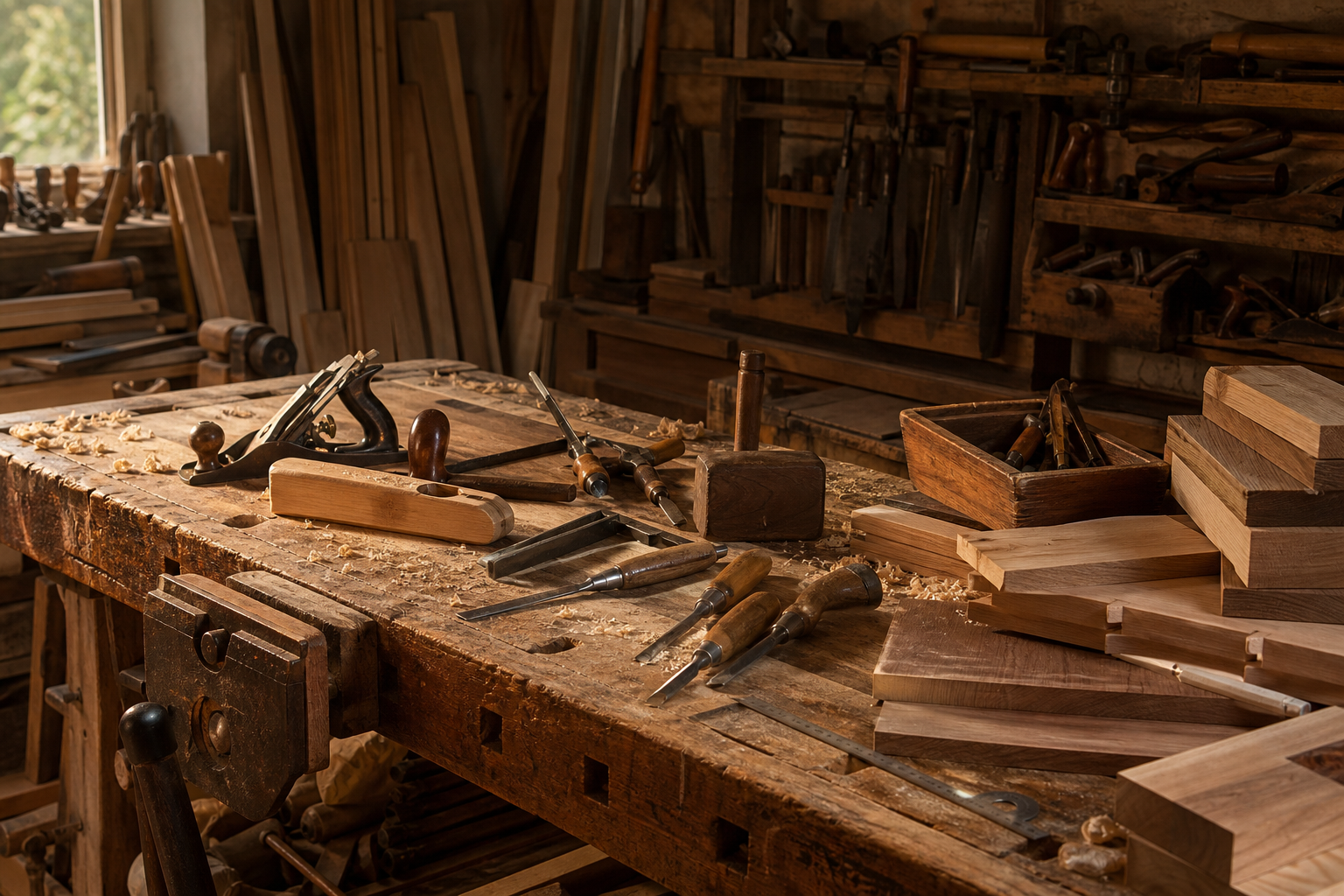 Banco da falegname con utensili e legno
